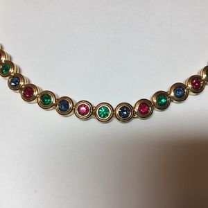 Vintage Nina Ricci Signature Gold Tone Choker Necklace Blue, Emerald and Garnet